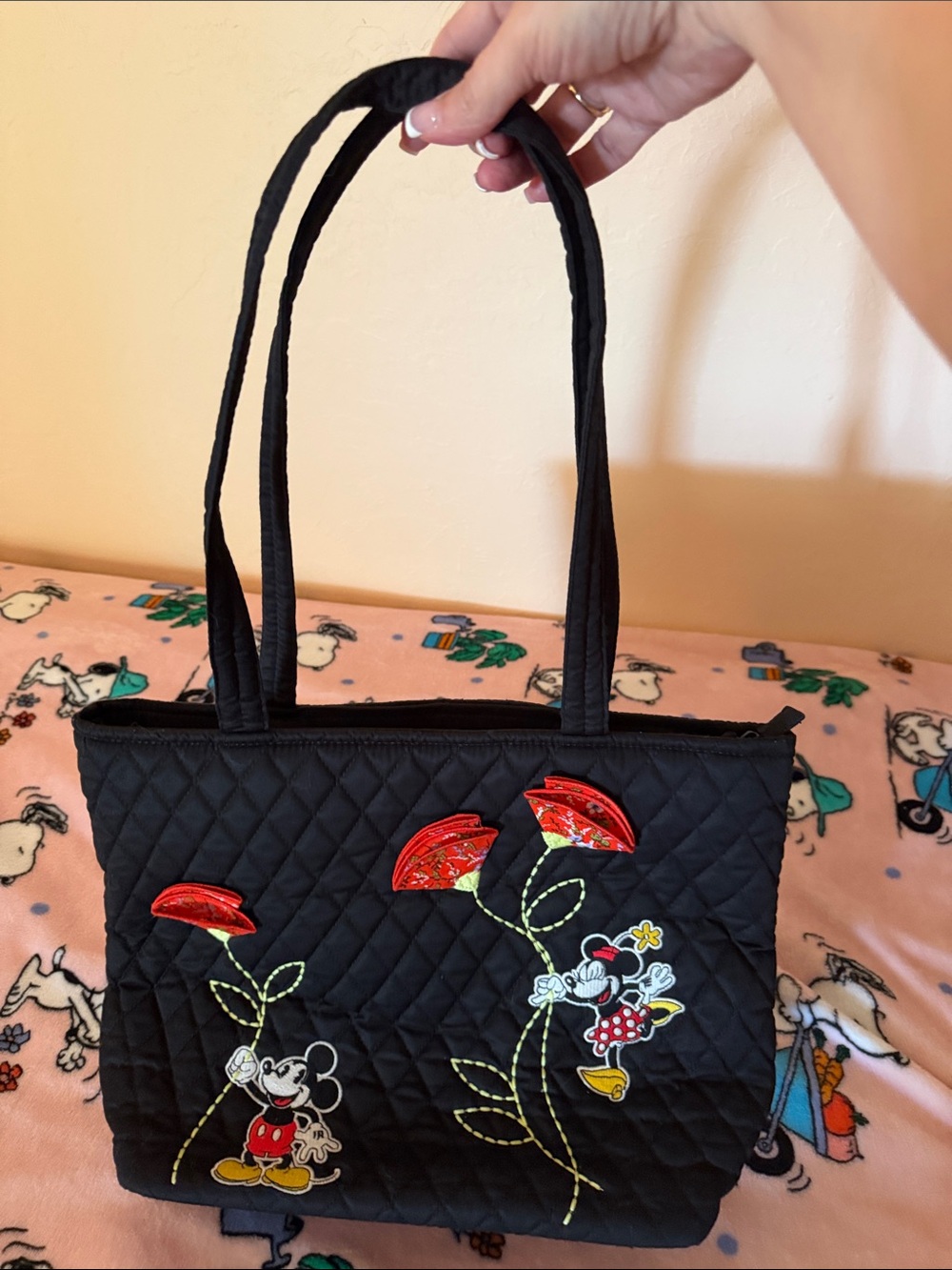 Vera Bradley Black Quilted Tote with Red Floral Appliqué and Mickey & Minnie - Picture 1 of 5